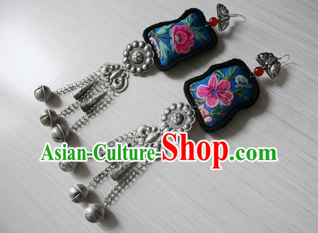 China Traditional Cheongsam Embroidered Ear Jewelry National Guizhou Miao Silver Bells Tassel Earrings