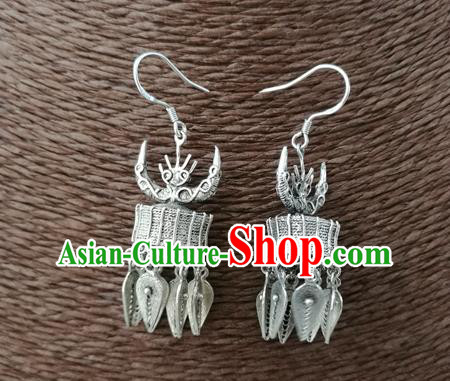 China Guizhou Ethnic Silver Ox Horn Earrings Traditional Miao Nationality Wedding Ear Accessories