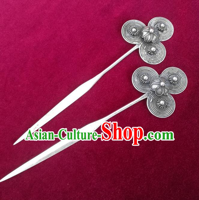 Chinese Traditional Hmong Nationality Silver Camellia Hairpin Miao Ethnic Folk Dance Hair Accessories