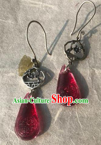 China Handmade National Garnet Earrings Traditional Cheongsam Silver Plum Blossom Ear Accessories