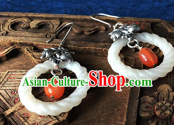 China Handmade National Jade Ring Earrings Traditional Cheongsam Silver Pomegranate Ear Accessories