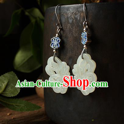 China Handmade National Blueing Silver Earrings Traditional Cheongsam Jade Butterfly Ear Jewelry