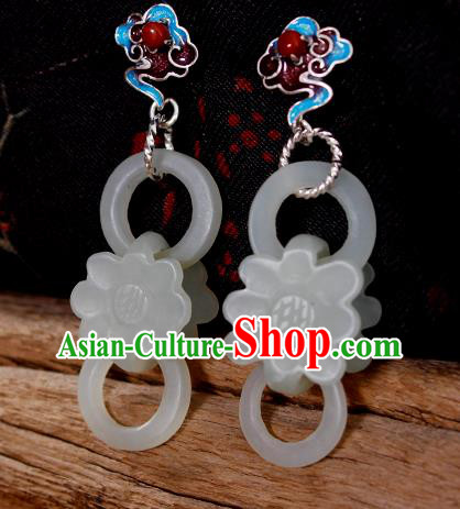 China Handmade National Jade Lotus Earrings Traditional Cheongsam Cloisonne Silver Ear Jewelry