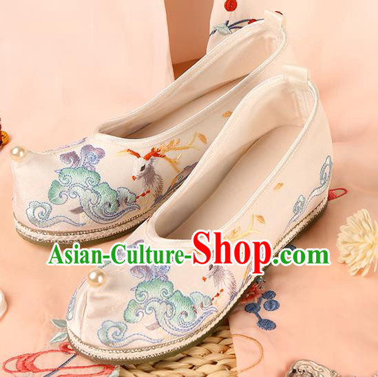 Chinese Traditional Hanfu Footwear Ancient Ming Dynasty Princess Shoes Embroidered Deer White Satin Shoes