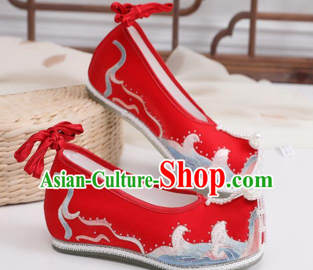 Chinese Traditional Wedding Pearls Shoes Hanfu Shoes Ancient Ming Dynasty Princess Embroidered Red Satin Shoes