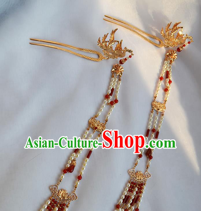Chinese Traditional Ming Dynasty Court Hair Stick Ancient Empress Pearls Tassel Phoenix Hairpin