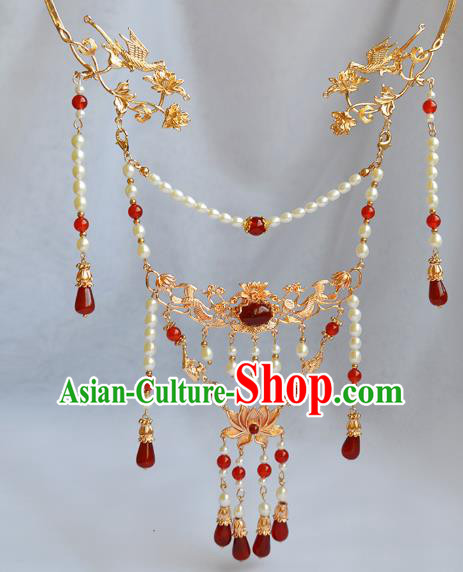 Chinese Ancient Princess Agate Tassel Necklace Handmade Traditional Ming Dynasty Pearls Lotus Necklet Jewelry