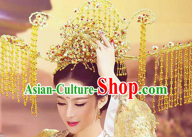 Chinese Traditional Wedding Phoenix Coronet Ancient Queen Golden Tassel Hair Crown Accessories