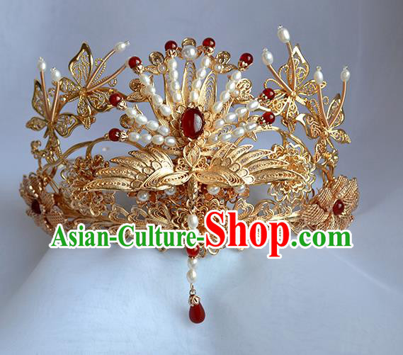 Chinese Traditional Wedding Hair Accessories Ancient Ming Dynasty Bride Golden Phoenix Hair Crown