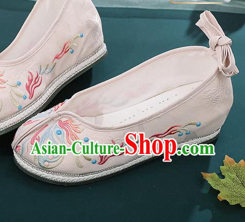 Chinese Hanfu Shoes Traditional Ming Dynasty Young Lady Shoes Beige Cloth Embroidered Shoes