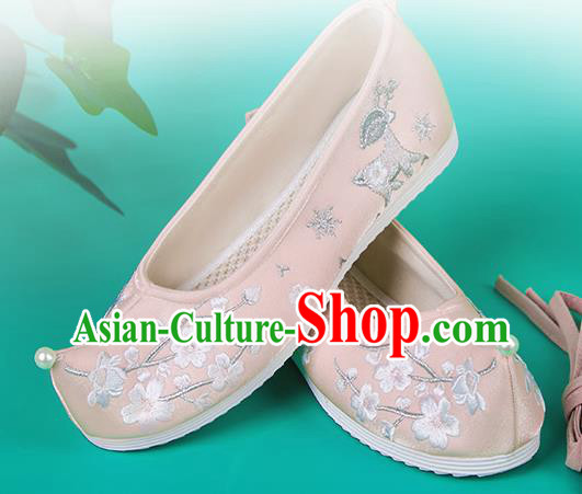China Ancient Princess Shoes Embroidered Pink Cloth Shoes Traditional Ming Dynasty Hanfu Shoes