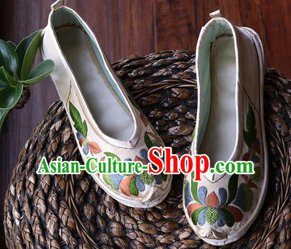 Chinese Hand Embroidered Apricot Satin Shoes Traditional National Shoes Yunnan Ethnic Dance Shoes