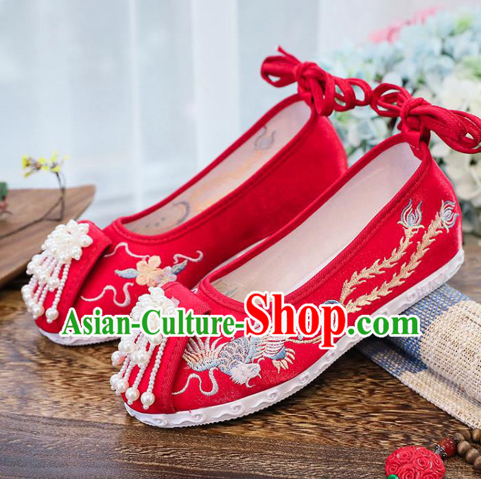 Chinese National Embroidery Phoenix Shoes Traditional Wedding Hanfu Red Cloth Shoes Classical Xiuhe Shoes