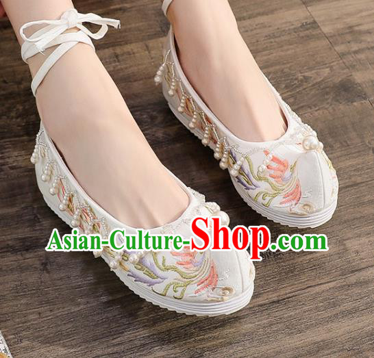 China Traditional Hanfu Pearls Tassel Shoes Handmade Ming Dynasty Bow Shoes Ancient Princess Embroidered Phoenix Shoes