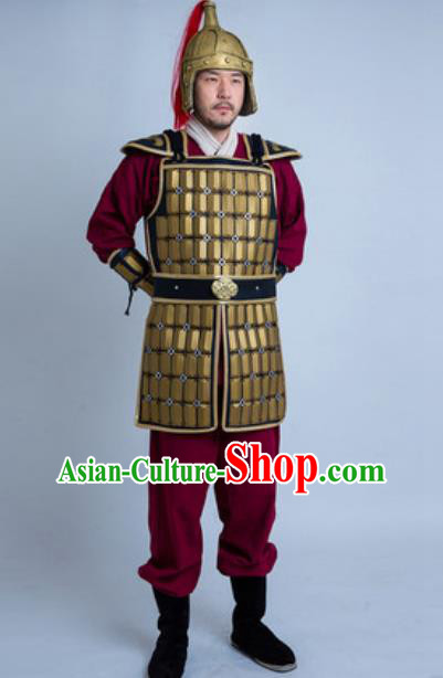 China Traditional Han Dynasty Warrior Garment Costumes Ancient General Golden Armor Clothing and Headwear
