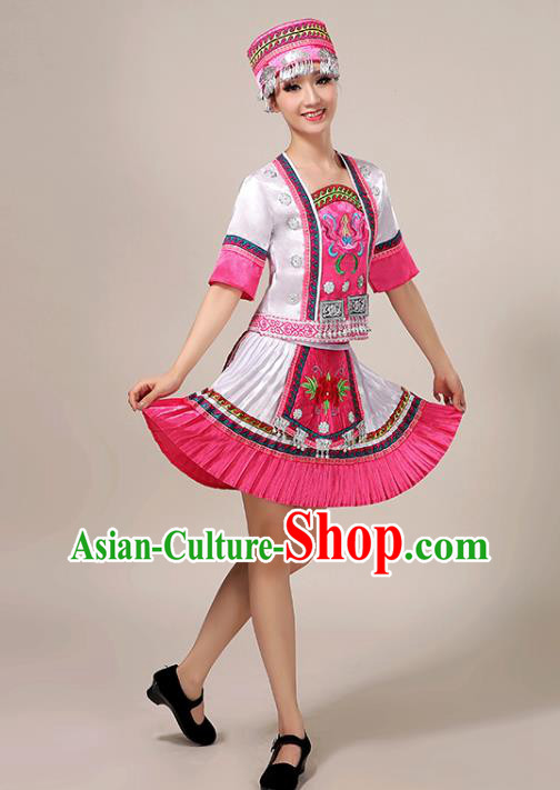 Chinese Guizhou Nationality Performance Short Dress Yao Minority Dance White Outfits Tujia Ethnic Folk Dance Garment Clothing