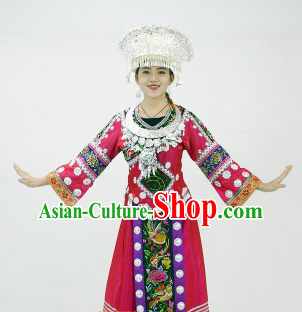 Chinese Hmong Minority Ethnic Rosy Dress Outfits Miao Nationality Folk Dance Garment Clothing and Headwear