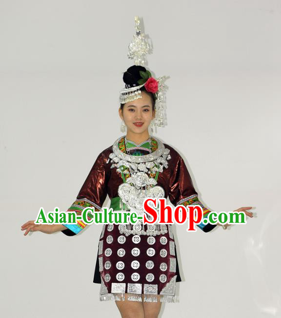 Chinese Dong Minority Ethnic Folk Dance Short Dress Outfits Tujia Nationality Performance Garment Clothing and Hair Accessories