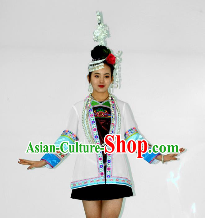 Chinese Dong Nationality Stage Performance Garment Clothing Minority Ethnic Folk Dance Short Dress Outfits and Jewelry Accessories