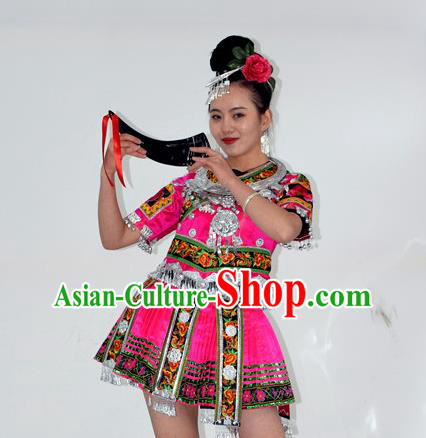 Chinese Miao Nationality Folk Dance Clothing Yi Minority Performance Rosy Short Dress Ethnic Woman Garment Outfits and Hair Jewelry