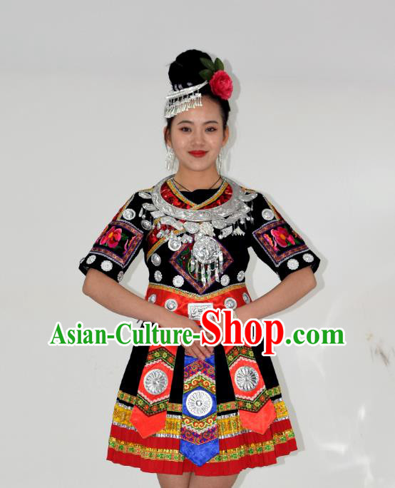Chinese Ethnic Woman Garment Outfits Miao Nationality Folk Dance Clothing Yi Minority Performance Black Short Dress and Hair Jewelry