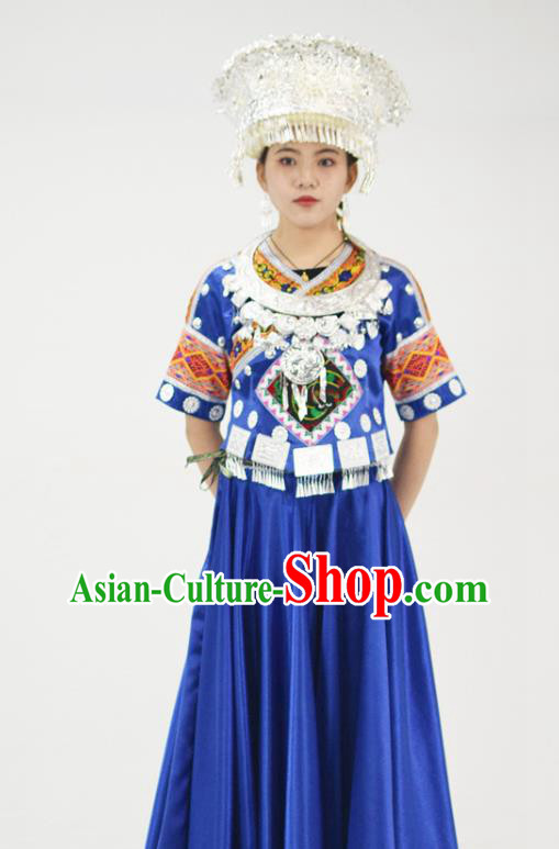 Chinese Hmong Minority Folk Dance Royalblue Dress Ethnic Festival Garment Outfits Miao Nationality Clothing and Headwear