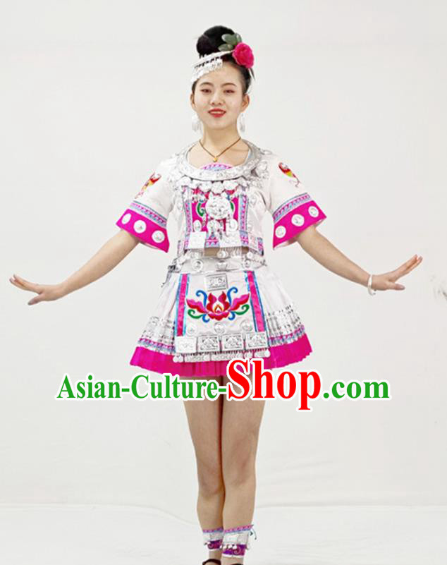 Chinese Tujia Minority White Short Dress Ethnic Folk Dance Garment Outfits Yi Nationality Performance Clothing