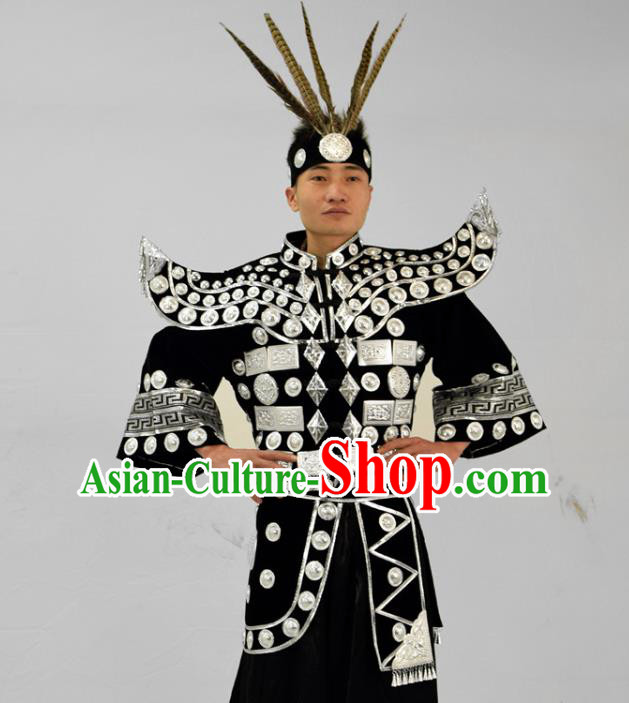 China Traditional Hmong Ethnic Male Festival Clothing Miao Nationality Stage Performance Garment Costume and Headwear