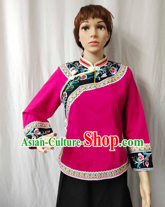 Chinese Bouyei Minority Embroidered Rosy Shirt Guizhou Ethnic Woman Upper Outer Garment Puyi Nationality Blouse Clothing