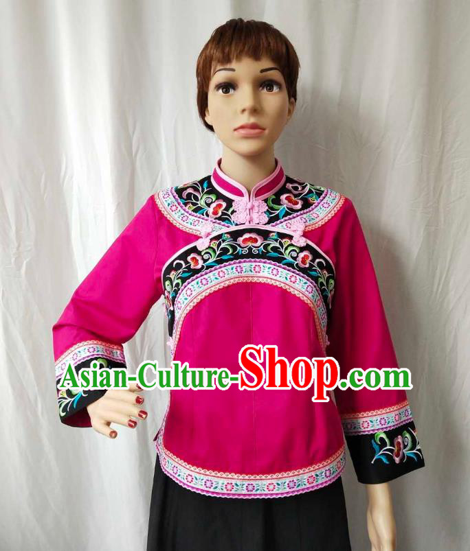 Chinese Puyi Nationality Blouse Clothing Bouyei Minority Embroidered Rosy Shirt Guizhou Ethnic Woman Upper Outer Garment