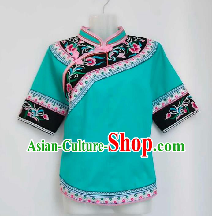 Chinese Ethnic Woman Top Garment Guizhou Bouyei Minority Embroidered Green Shirt Clothing Puyi Nationality Blouse