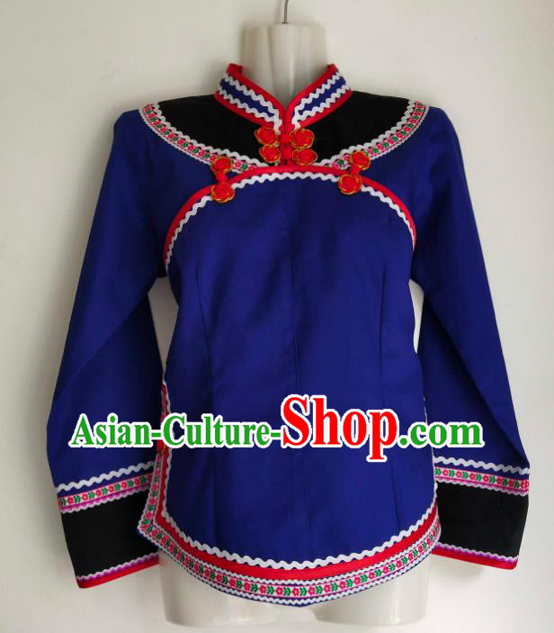 Chinese Guizhou Minority Ethnic Shirt Clothing Bouyei Nationality Blue Blouse Woman Tang Suit Top Garment