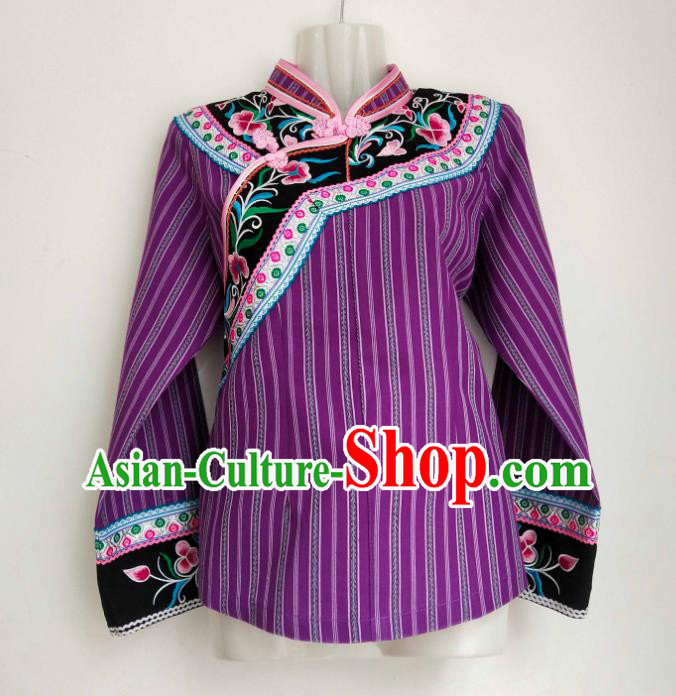 Chinese Woman Tang Suit Top Garment Guizhou Minority Ethnic Shirt Clothing Bouyei Nationality Purple Blouse