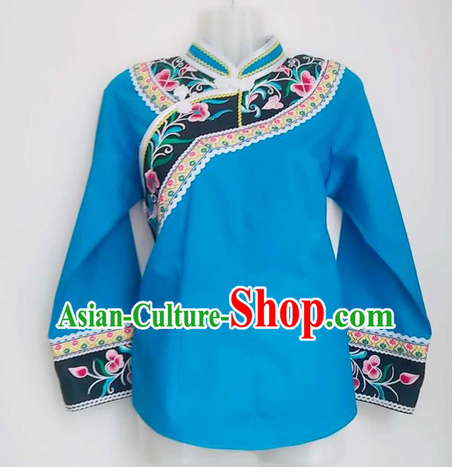 Chinese Bouyei Nationality Blue Blouse Woman Top Garment Guizhou Minority Ethnic Embroidered Shirt Clothing