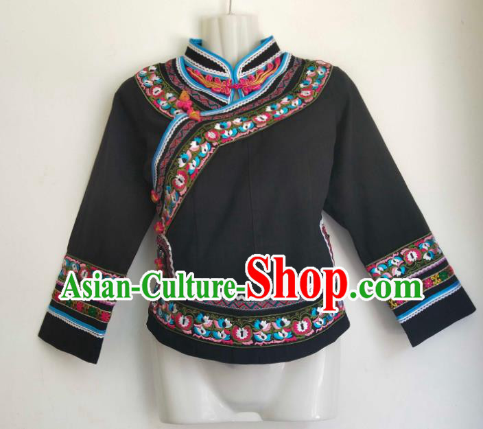 Chinese Guangxi Minority Woman Top Garment Ethnic Folk Dance Embroidered Shirt Clothing Zhuang Nationality Black Blouse
