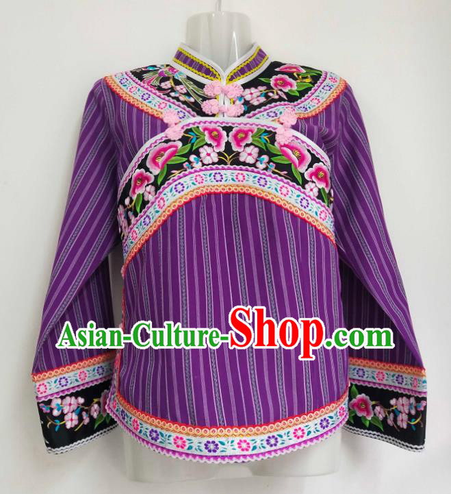 Chinese Embroidered Purple Top Garment Guizhou Ethnic Performance Clothing Bouyei Nationality Woman Blouse