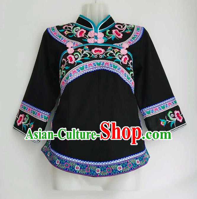 Chinese Bouyei Nationality Embroidered Black Blouse Guizhou Ethnic Dance Top Garment Clothing