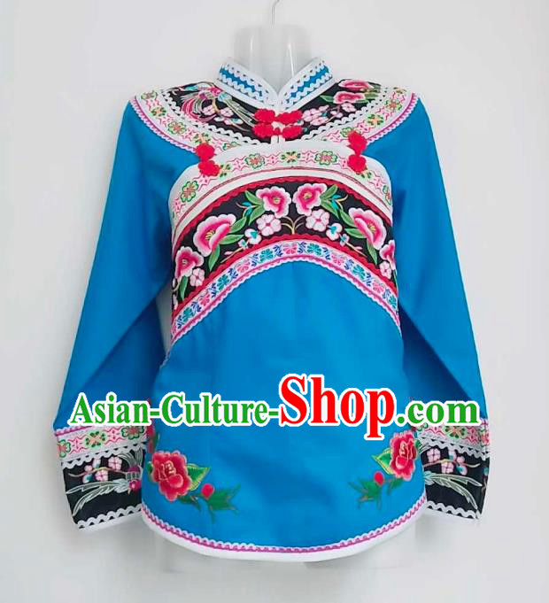Chinese Guizhou Minority Garment Clothing Ethnic Dance Performance Top Wear Bouyei Nationality Embroidered Blue Blouse