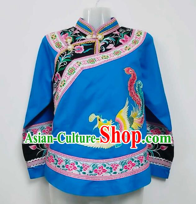 Chinese Guizhou Minority Ethnic Dance Top Wear Bouyei Nationality Embroidered Blue Blouse Garment Clothing
