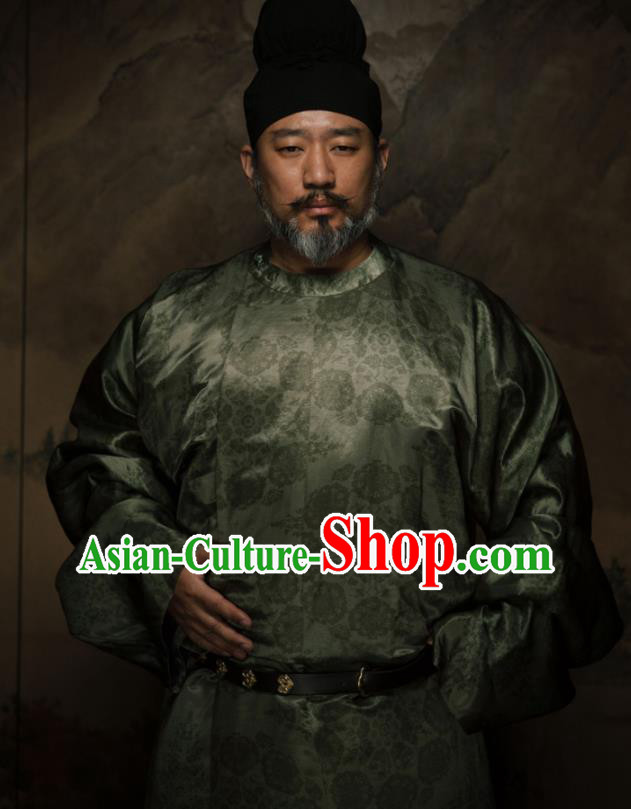 China Ancient Elderly Ministry Councillor Green Round Collar Robe Traditional Tang Dynasty Historical Garment Costume and Hat