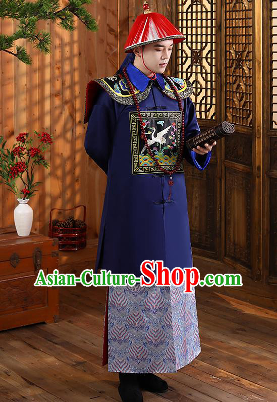 China Qing Dynasty Navy Official Robe Garment Ancient Royal King Historical Clothing and Headwear Full Set