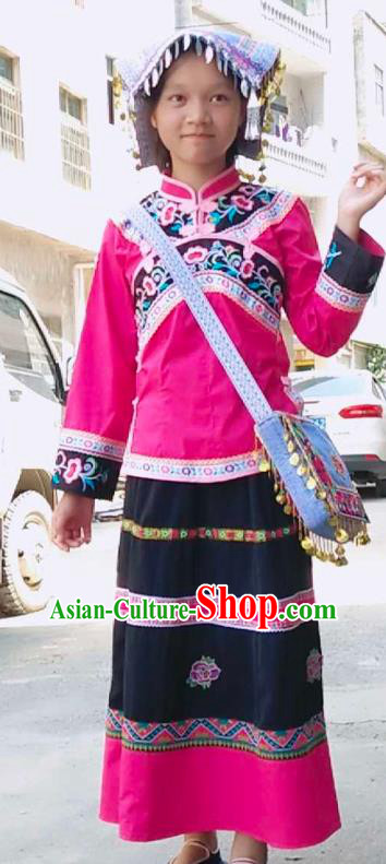 China Bouyei Nationality Girls Outfits Traditional Puyi Ethnic Children Dance Clothing Rosy Blouse and Skirt