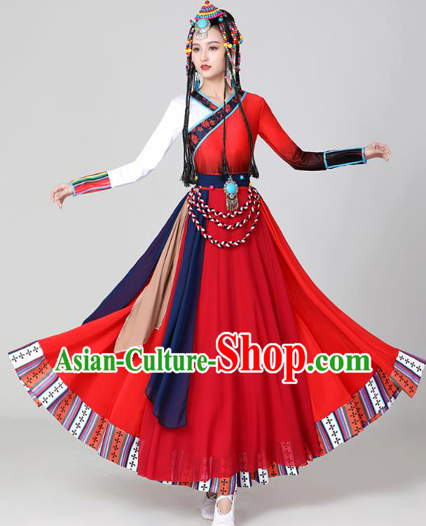 Chinese Tibetan Ethnic Dance Red Dress Traditional Zang Nationality Stage Performance Garments Costume