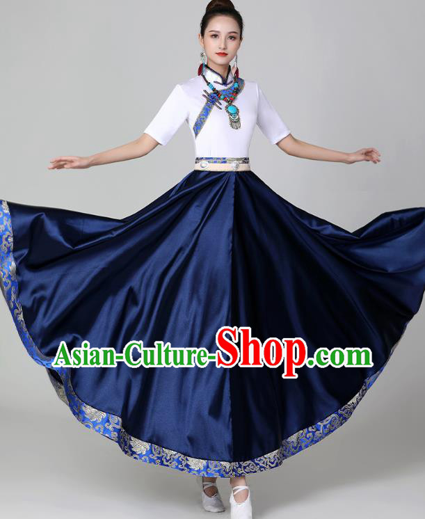 Chinese Ethnic Stage Performance Garments Costume Tibetan Dance Navy Dress Traditional Zang Nationality Suits