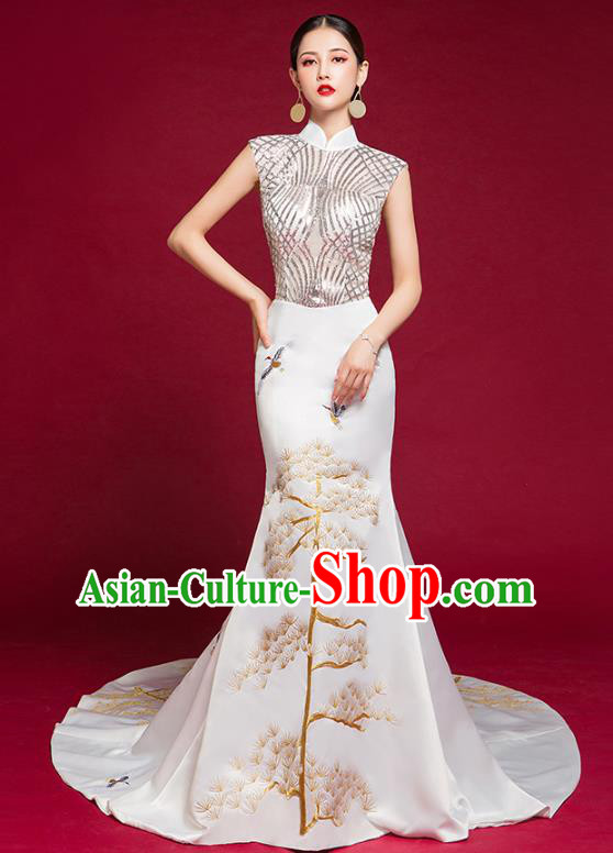China Embroidered Sequins Cheongsam Clothing Compere Qipao Dress Garment Stage Show Trailing Full Dress Catwalks Fashion