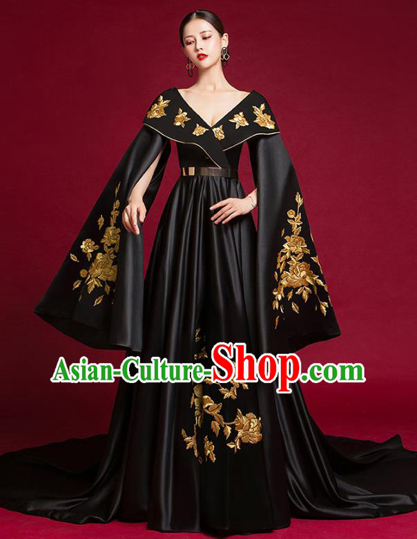 China Stage Show Black Trailing Full Dress Catwalks Fashion Clothing Compere Water Sleeve Dress Garment