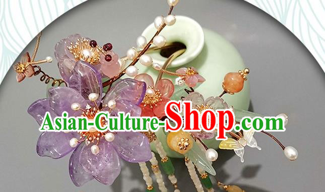 Chinese Ancient Palace Princess Amethyst Peach Blossom Hairpin Traditional Song Dynasty Court Tassel Hair Stick