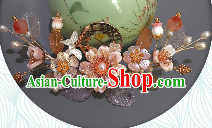 Chinese Ancient Princess Flowers Hairpin Traditional Song Dynasty Shell Butterfly Hair Crown