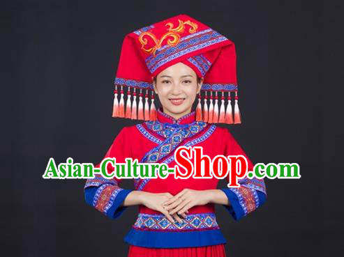 Chinese Traditional Zhuang Nationality Red Suits Guangxi Minority Performance Dress Ethnic Folk Dance Garment Clothing and Hat