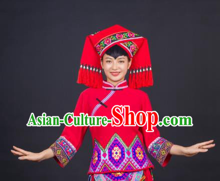 Chinese Guangxi Minority Performance Dress Ethnic Folk Dance Garment Clothing Traditional Zhuang Nationality Red Suits and Headwear